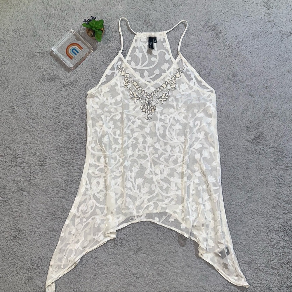 Vintage  Sheer White Blouse with Embellished Neckline